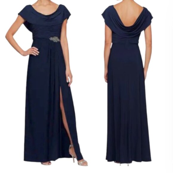 Alex Evenings Cowl Neck Drape BackSide Embellishment Pleated Slit Gown Size 6 - Picture 1 of 6